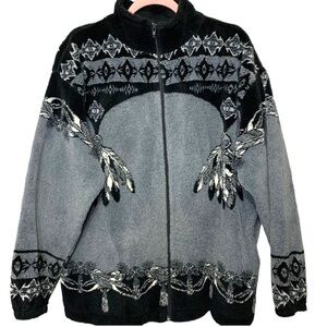 VTG Tuntaquimba Fleece Sweater Jacket Sz L/XL Gray Zip Up Feather Print Native